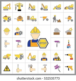 Set of Construction Icons. Contains such Icons as Drill, Truck, Worker, Attention Sign, Electric Saw, Gear, Spanner, Paint Roller and more. Editable Vector.Pixel Perfect.