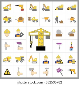 Set of Construction Icons. Contains such Icons as Drill, Truck, Worker, Attention Sign, Electric Saw, Gear, Spanner, Paint Roller and more. Editable Vector.Pixel Perfect.