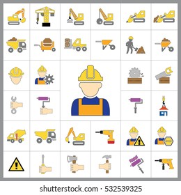 Set of Construction Icons. Contains such Icons as Drill, Truck, Worker, Attention Sign, Electric Saw, Gear, Spanner, Paint Roller and more. Editable Vector.Pixel Perfect.