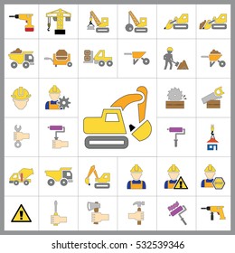 Set of Construction Icons. Contains such Icons as Drill, Truck, Worker, Attention Sign, Electric Saw, Gear, Spanner, Paint Roller and more. Editable Vector.Pixel Perfect.