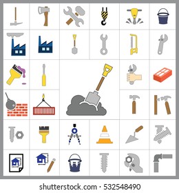 Set of Construction Icons. Contains such Icons as Drill, Truck, Worker, Attention Sign, Electric Saw, Gear, Spanner, Paint Roller and more. Editable Vector.Pixel Perfect.