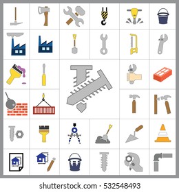 Set of Construction Icons. Contains such Icons as Drill, Truck, Worker, Attention Sign, Electric Saw, Gear, Spanner, Paint Roller and more. Editable Vector.Pixel Perfect.