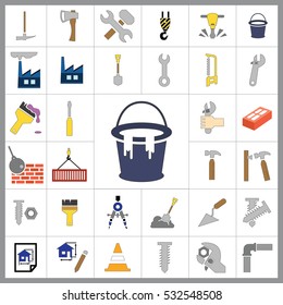 Set of Construction Icons. Contains such Icons as Drill, Truck, Worker, Attention Sign, Electric Saw, Gear, Spanner, Paint Roller and more. Editable Vector.Pixel Perfect.