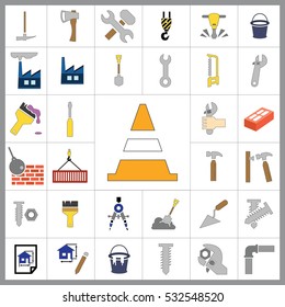 Set of Construction Icons. Contains such Icons as Drill, Truck, Worker, Attention Sign, Electric Saw, Gear, Spanner, Paint Roller and more. Editable Vector.Pixel Perfect.