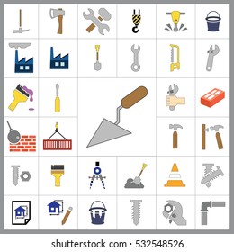 Set of Construction Icons. Contains such Icons as Drill, Truck, Worker, Attention Sign, Electric Saw, Gear, Spanner, Paint Roller and more. Editable Vector.Pixel Perfect.