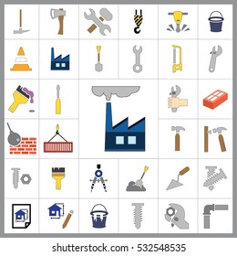 Set of Construction Icons. Contains such Icons as Drill, Truck, Worker, Attention Sign, Electric Saw, Gear, Spanner, Paint Roller and more. Editable Vector.Pixel Perfect.