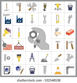 Set of Construction Icons. Contains such Icons as Drill, Truck, Worker, Attention Sign, Electric Saw, Gear, Spanner, Paint Roller and more. Editable Vector.Pixel Perfect.