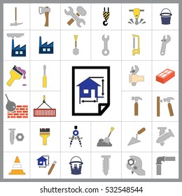 Set of Construction Icons. Contains such Icons as Drill, Truck, Worker, Attention Sign, Electric Saw, Gear, Spanner, Paint Roller and more. Editable Vector.Pixel Perfect.