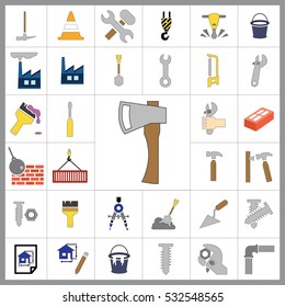 Set of Construction Icons. Contains such Icons as Drill, Truck, Worker, Attention Sign, Electric Saw, Gear, Spanner, Paint Roller and more. Editable Vector.Pixel Perfect.