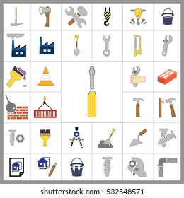 Set of Construction Icons. Contains such Icons as Drill, Truck, Worker, Attention Sign, Electric Saw, Gear, Spanner, Paint Roller and more. Editable Vector.Pixel Perfect.