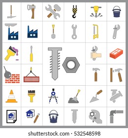 Set of Construction Icons. Contains such Icons as Drill, Truck, Worker, Attention Sign, Electric Saw, Gear, Spanner, Paint Roller and more. Editable Vector.Pixel Perfect.
