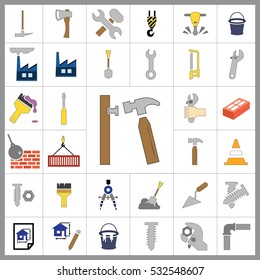 Set of Construction Icons. Contains such Icons as Drill, Truck, Worker, Attention Sign, Electric Saw, Gear, Spanner, Paint Roller and more. Editable Vector.Pixel Perfect.