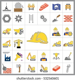 Set of Construction Icons. Contains such Icons as Drill, Truck, Worker, Attention Sign, Electric Saw, Gear, Spanner, Paint Roller and more. Editable Vector.Pixel Perfect.
