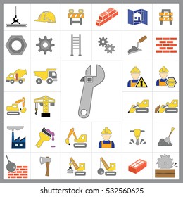 Set of Construction Icons. Contains such Icons as Drill, Truck, Worker, Attention Sign, Electric Saw, Gear, Spanner, Paint Roller and more. Editable Vector.Pixel Perfect.
