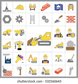 Set of Construction Icons. Contains such Icons as Drill, Truck, Worker, Attention Sign, Electric Saw, Gear, Spanner, Paint Roller and more. Editable Vector.Pixel Perfect.
