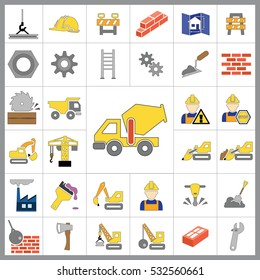 Set of Construction Icons. Contains such Icons as Drill, Truck, Worker, Attention Sign, Electric Saw, Gear, Spanner, Paint Roller and more. Editable Vector.Pixel Perfect.

