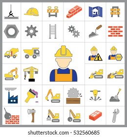 Set of Construction Icons. Contains such Icons as Drill, Truck, Worker, Attention Sign, Electric Saw, Gear, Spanner, Paint Roller and more. Editable Vector.Pixel Perfect.