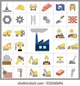 Set of Construction Icons. Contains such Icons as Drill, Truck, Worker, Attention Sign, Electric Saw, Gear, Spanner, Paint Roller and more. Editable Vector.Pixel Perfect.
