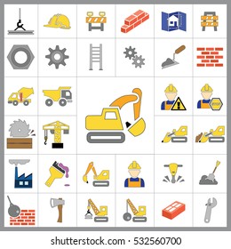 Set of Construction Icons. Contains such Icons as Drill, Truck, Worker, Attention Sign, Electric Saw, Gear, Spanner, Paint Roller and more. Editable Vector.Pixel Perfect.
