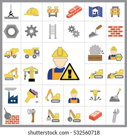 Set of Construction Icons. Contains such Icons as Drill, Truck, Worker, Attention Sign, Electric Saw, Gear, Spanner, Paint Roller and more. Editable Vector.Pixel Perfect.
