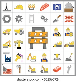 Set of Construction Icons. Contains such Icons as Drill, Truck, Worker, Attention Sign, Electric Saw, Gear, Spanner, Paint Roller and more. Editable Vector.Pixel Perfect.
