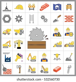 Set of Construction Icons. Contains such Icons as Drill, Truck, Worker, Attention Sign, Electric Saw, Gear, Spanner, Paint Roller and more. Editable Vector.Pixel Perfect.
