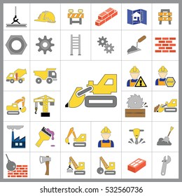 Set of Construction Icons. Contains such Icons as Drill, Truck, Worker, Attention Sign, Electric Saw, Gear, Spanner, Paint Roller and more. Editable Vector.Pixel Perfect.
