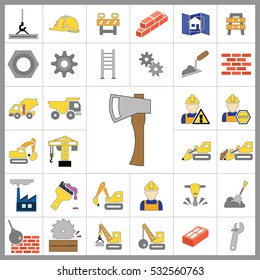 Set of Construction Icons. Contains such Icons as Drill, Truck, Worker, Attention Sign, Electric Saw, Gear, Spanner, Paint Roller and more. Editable Vector.Pixel Perfect.
