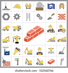 Set of Construction Icons. Contains such Icons as Drill, Truck, Worker, Attention Sign, Electric Saw, Gear, Spanner, Paint Roller and more. Editable Vector.Pixel Perfect.
