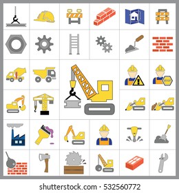 Set of Construction Icons. Contains such Icons as Drill, Truck, Worker, Attention Sign, Electric Saw, Gear, Spanner, Paint Roller and more. Editable Vector.Pixel Perfect.
