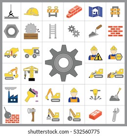Set of Construction Icons. Contains such Icons as Drill, Truck, Worker, Attention Sign, Electric Saw, Gear, Spanner, Paint Roller and more. Editable Vector.Pixel Perfect.

