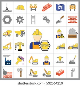 Set of Construction Icons. Contains such Icons as Drill, Truck, Worker, Attention Sign, Electric Saw, Gear, Spanner, Paint Roller and more. Editable Vector.Pixel Perfect.
