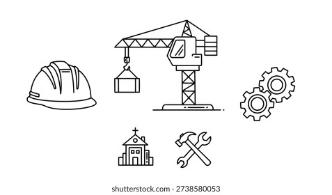 A set of construction icons featuring a crane, hard hat, church, crossed tools, and interlocking gears, ideal for projects related to building, engineering, and industry