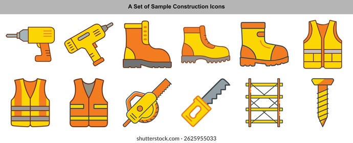 Conjunto de ícones de construção com brocas amarelas, botas de segurança laranja, serras, andaimes e coletes de segurança. Cada item é contornado em azul escuro com um fundo branco.