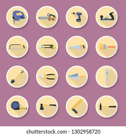 Set of construction icons in flat design with long shadows on purple background