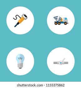 Set of construction icons flat style symbols with jackhammer, plumbing, concrete mixer and other icons for your web mobile app logo design.