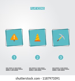 Set of construction icons flat style symbols with pick axe, warning cone and other icons for your web mobile app logo design.