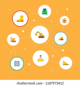 Set of construction icons flat style symbols with bulldozer, cleaners jacket, direction sign and other icons for your web mobile app logo design.