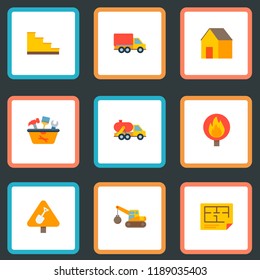 Set of construction icons flat style symbols with floor plan, tank truck, demolition crane and other icons for your web mobile app logo design.