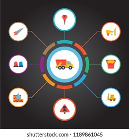 Set of construction icons flat style symbols with construction sign, dump truck, forklift and other icons for your web mobile app logo design.