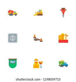 Set of construction icons flat style symbols with jackhammer, garbage truck, tank truck and other icons for your web mobile app logo design.