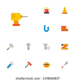 Set of construction icons flat style symbols with wrench, tool box, brick wall and other icons for your web mobile app logo design.