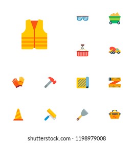 Set of construction icons flat style symbols with warning cone, safety jacket, worker gloves and other icons for your web mobile app logo design.