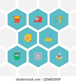 Set of construction icons flat style symbols with crane tower, paint bucket, wind turbine and other icons for your web mobile app logo design.