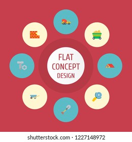 Set of construction icons flat style symbols with shovel, wheel barrow, brick wall and other icons for your web mobile app logo design.
