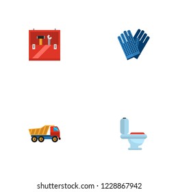 Set of construction icons flat style symbols with dumper truck, toolbox, work gloves and other icons for your web mobile app logo design.