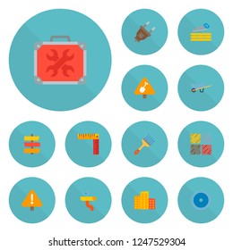 Set of construction icons flat style symbols with circle saw, plug, straight edge brush and other icons for your web mobile app logo design.