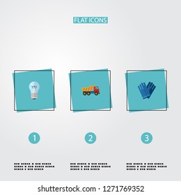 Set of construction icons flat style symbols with work gloves, light, dumper truck and other icons for your web mobile app logo design.