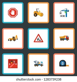 Set of construction icons flat style symbols with workman sign, tower crane, road roller and other icons for your web mobile app logo design.