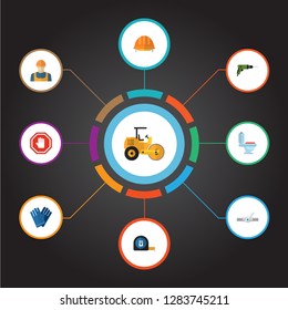 Set of construction icons flat style symbols with work gloves, road roller, builder and other icons for your web mobile app logo design.